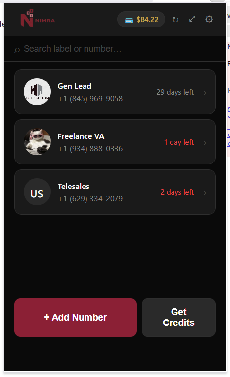 Nimra extension showing phone numbers