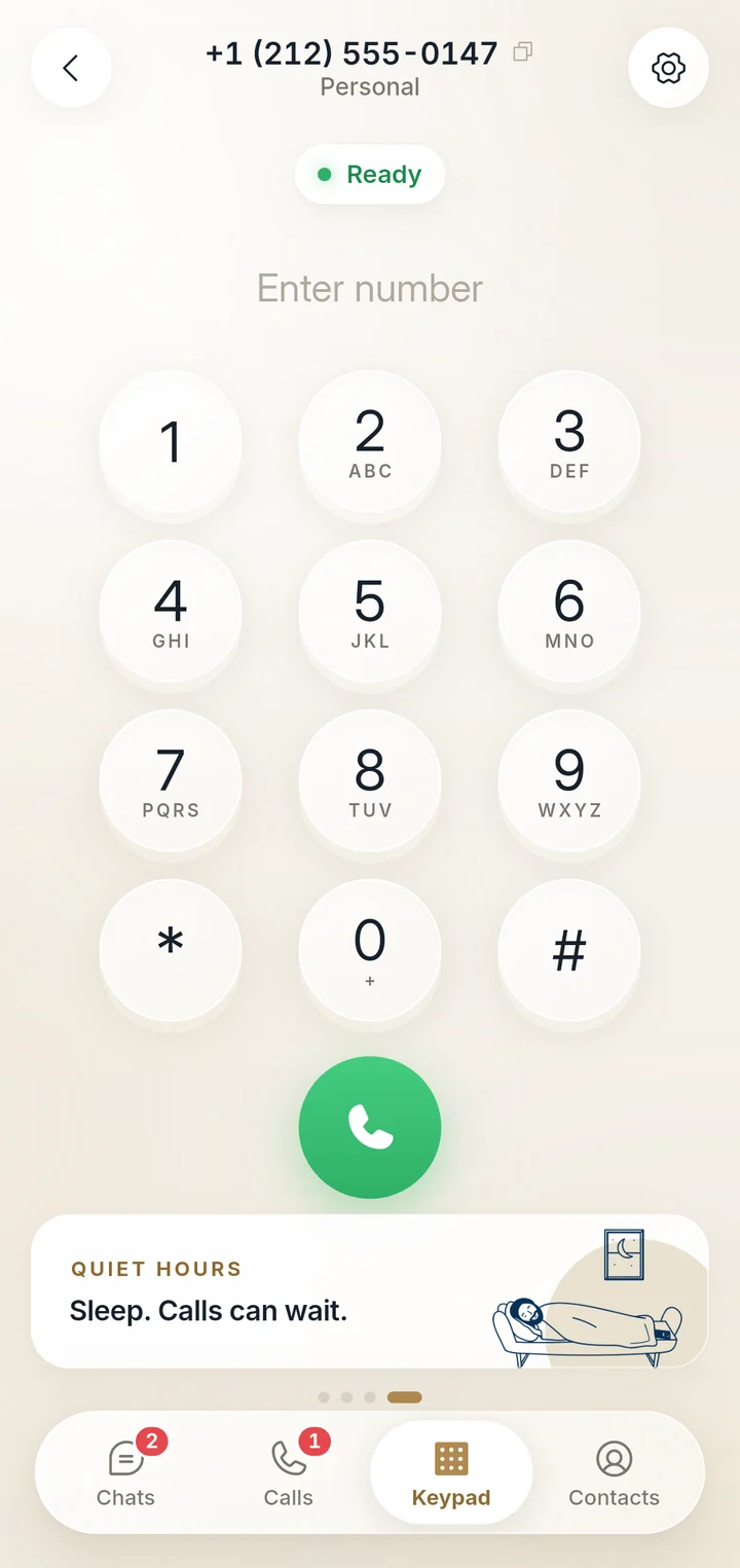 The Nimra keypad, ready to call from the Personal line