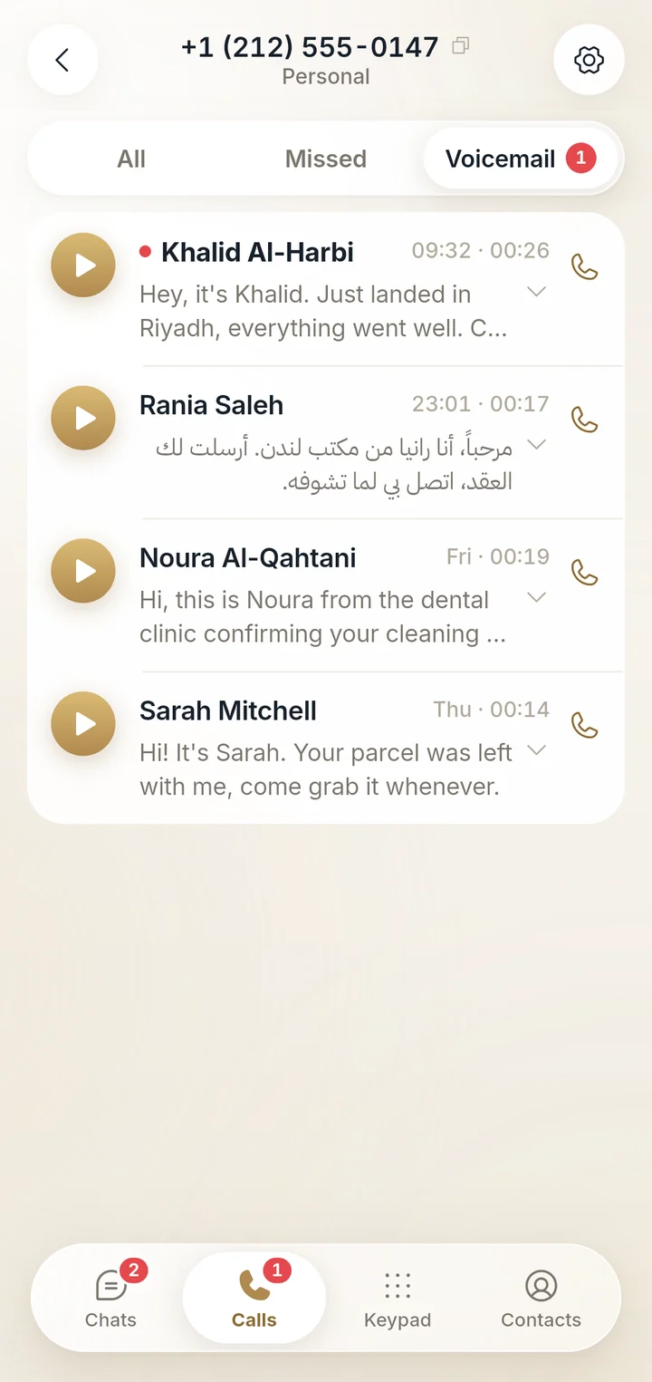 Voicemails on a Nimra line, each with a written transcript in Arabic or English